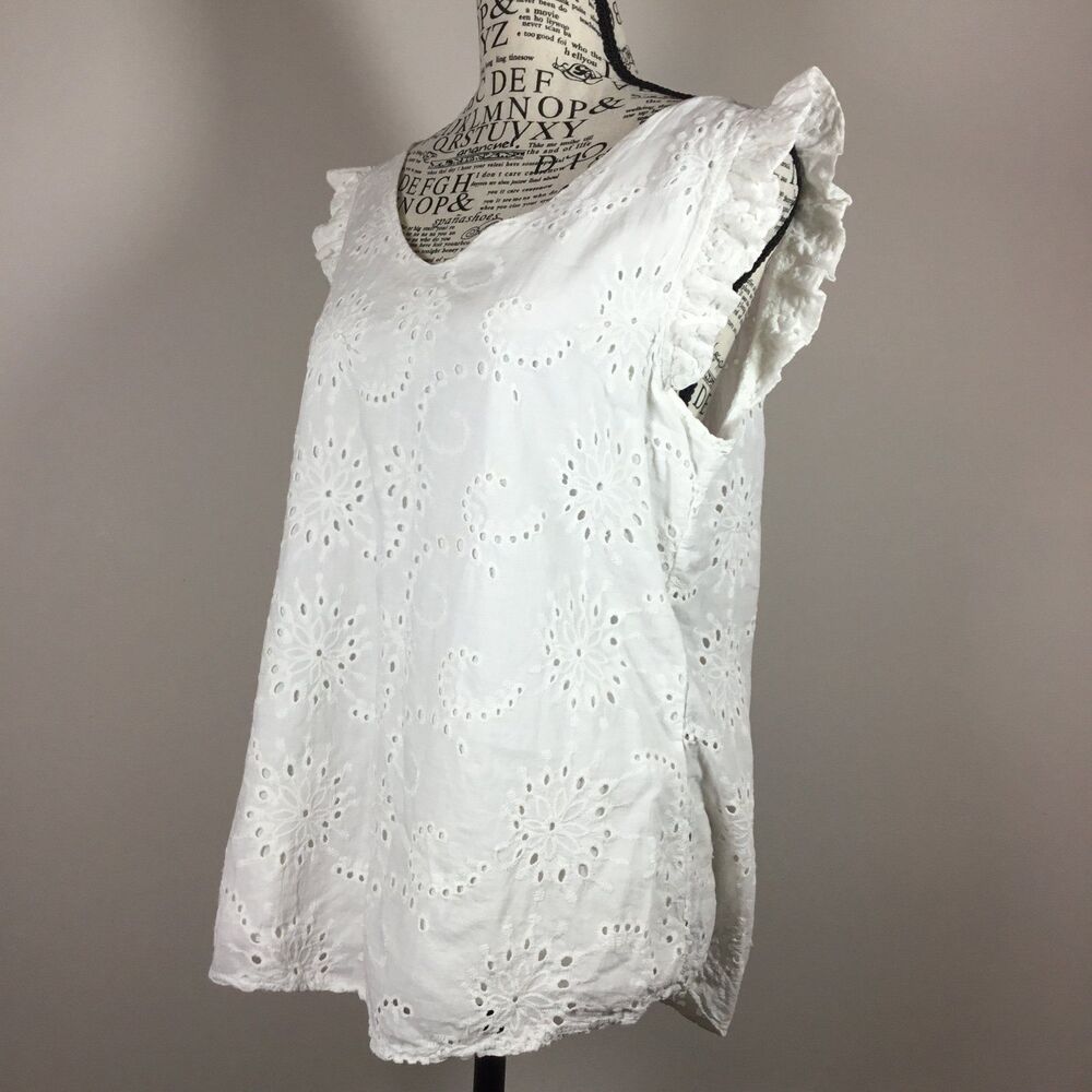 Valentina Naldi white Eyelet lace ruffle sleeve top 100% cotton made in Italy L